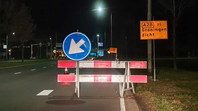 Oprit A28 bij Assen richting Groningen afgesloten