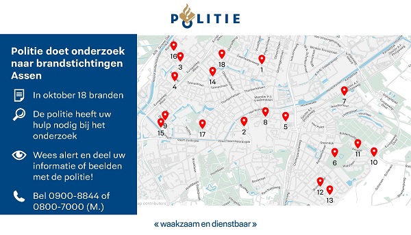 Politie doet uitgebreid onderzoek naar 18 brandstichtingen in Assen